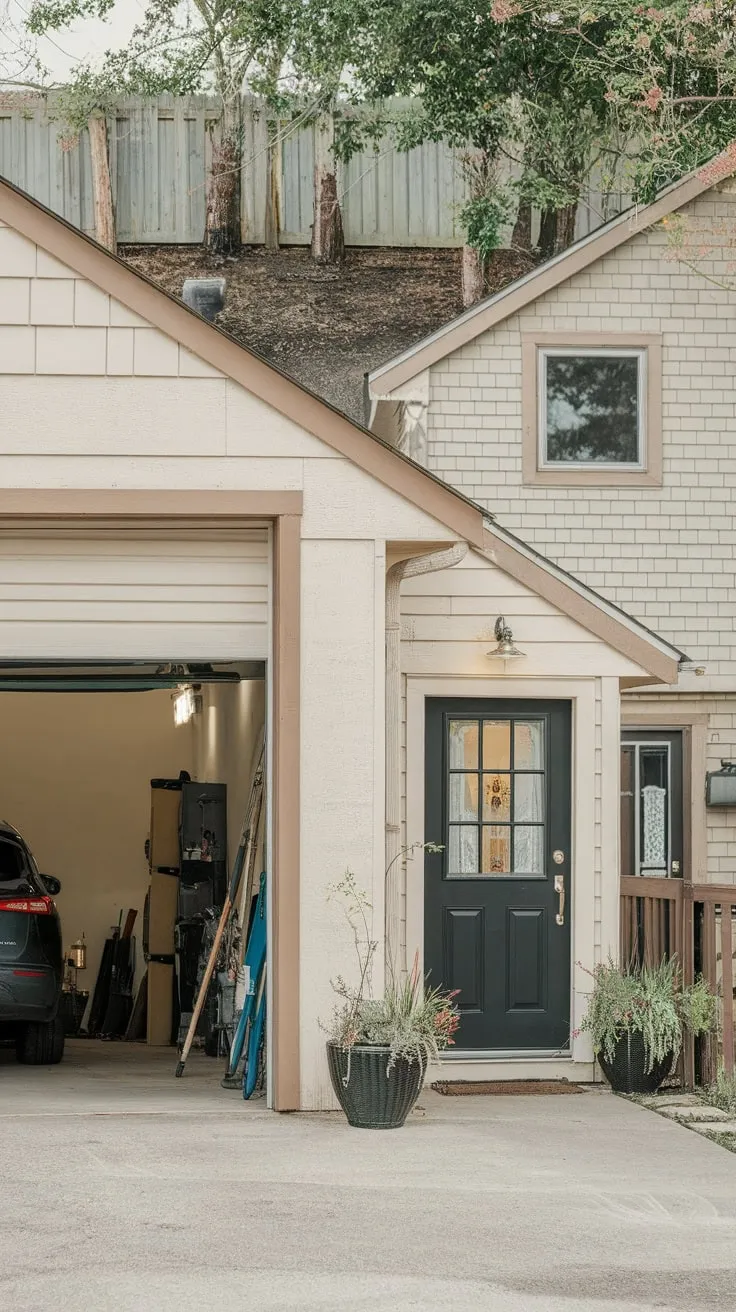 A charming beige single-story garage with attached apartment offers convenient living and ample storage space.
