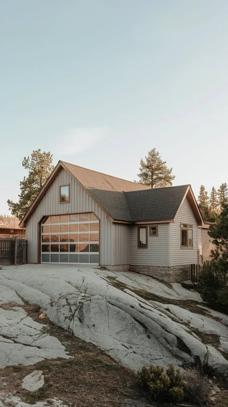 A picturesque small house attached to a spacious garage sits on a rocky hillside, surrounded by trees and a fence under a clear sky.