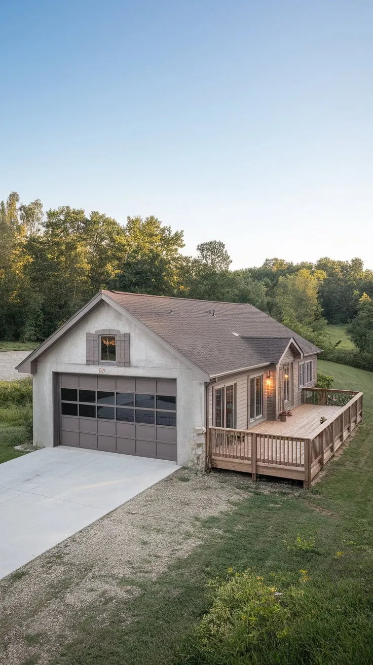 A picturesque concrete garage featuring living quarters, a large door, and a deck, sits nestled in a vibrant green landscape under a clear sky.