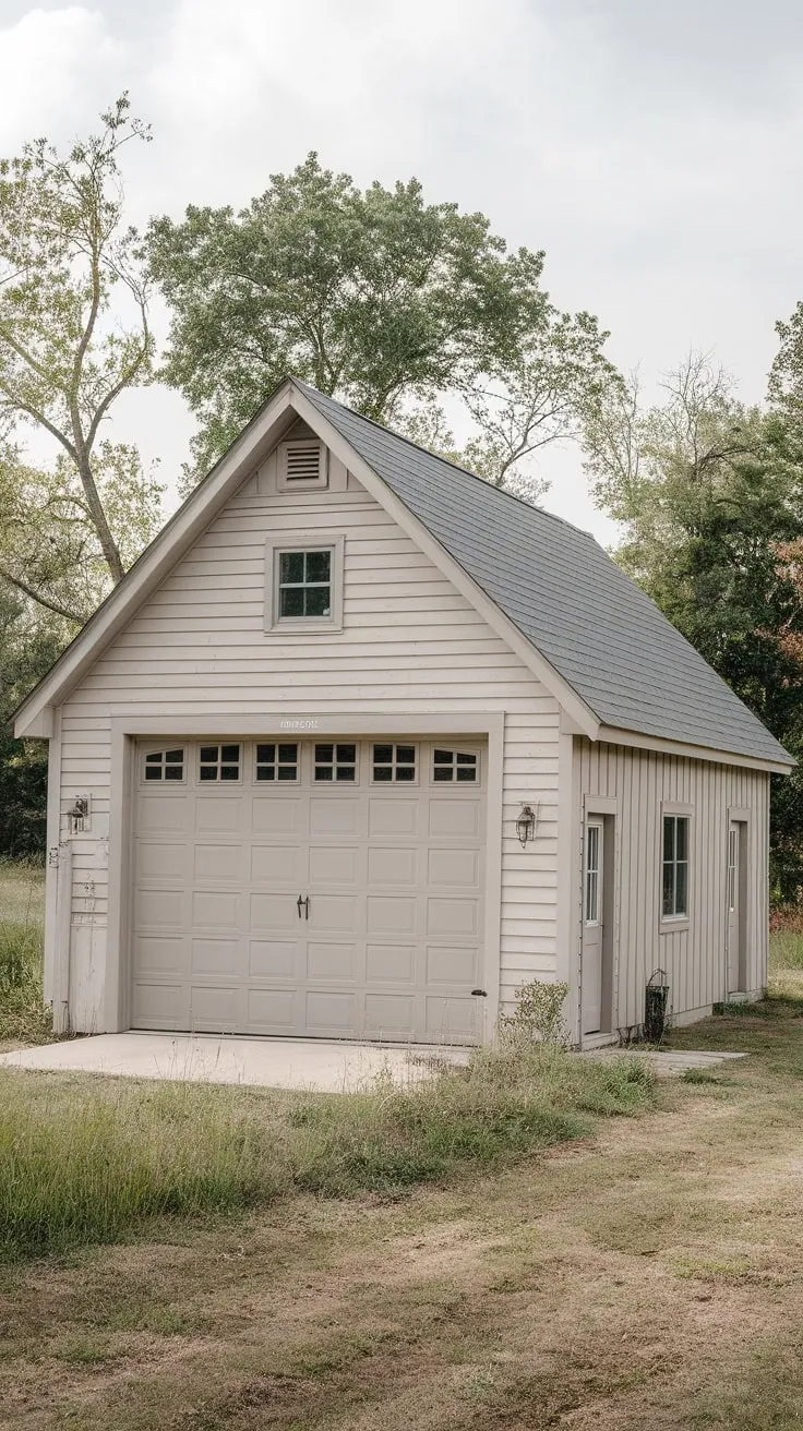 A beige single-story garage with attached living quarters sits peacefully in a suburban landscape