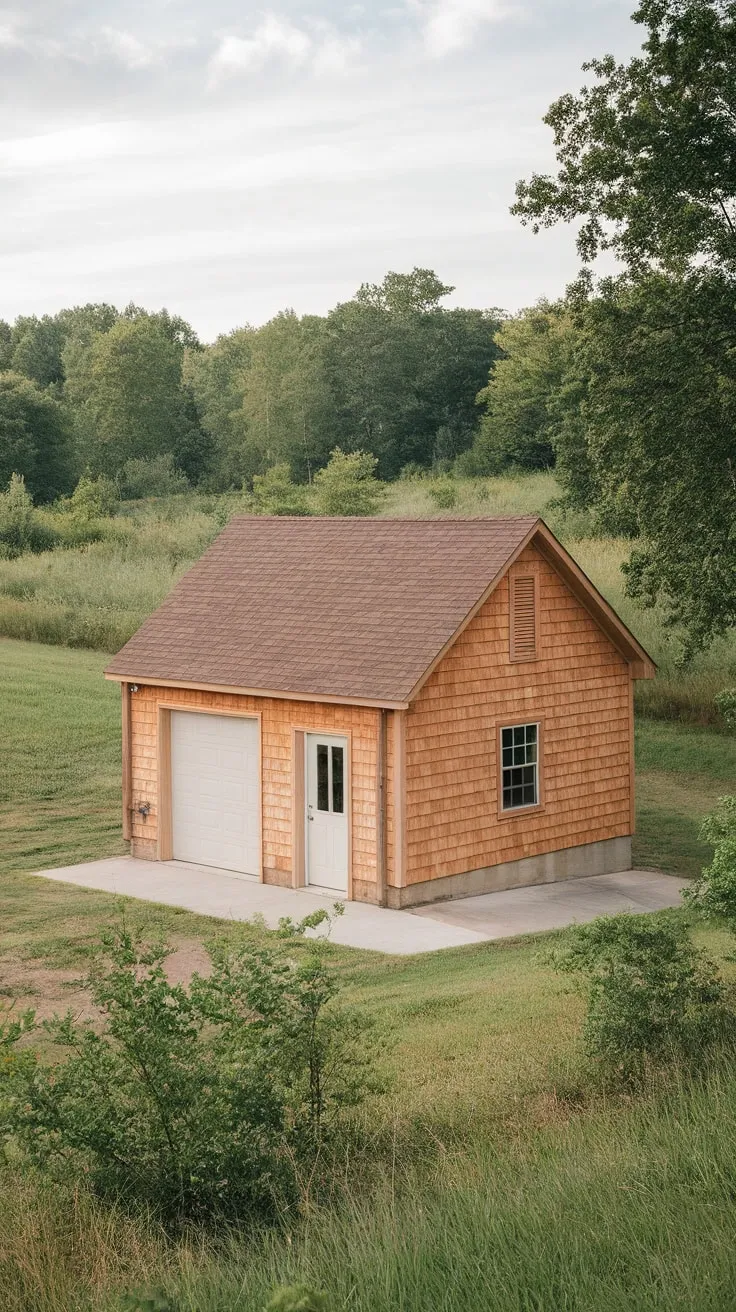 A single-story wooden structure provides both a garage and living quarters, blending seamlessly with its lush green surroundings.
