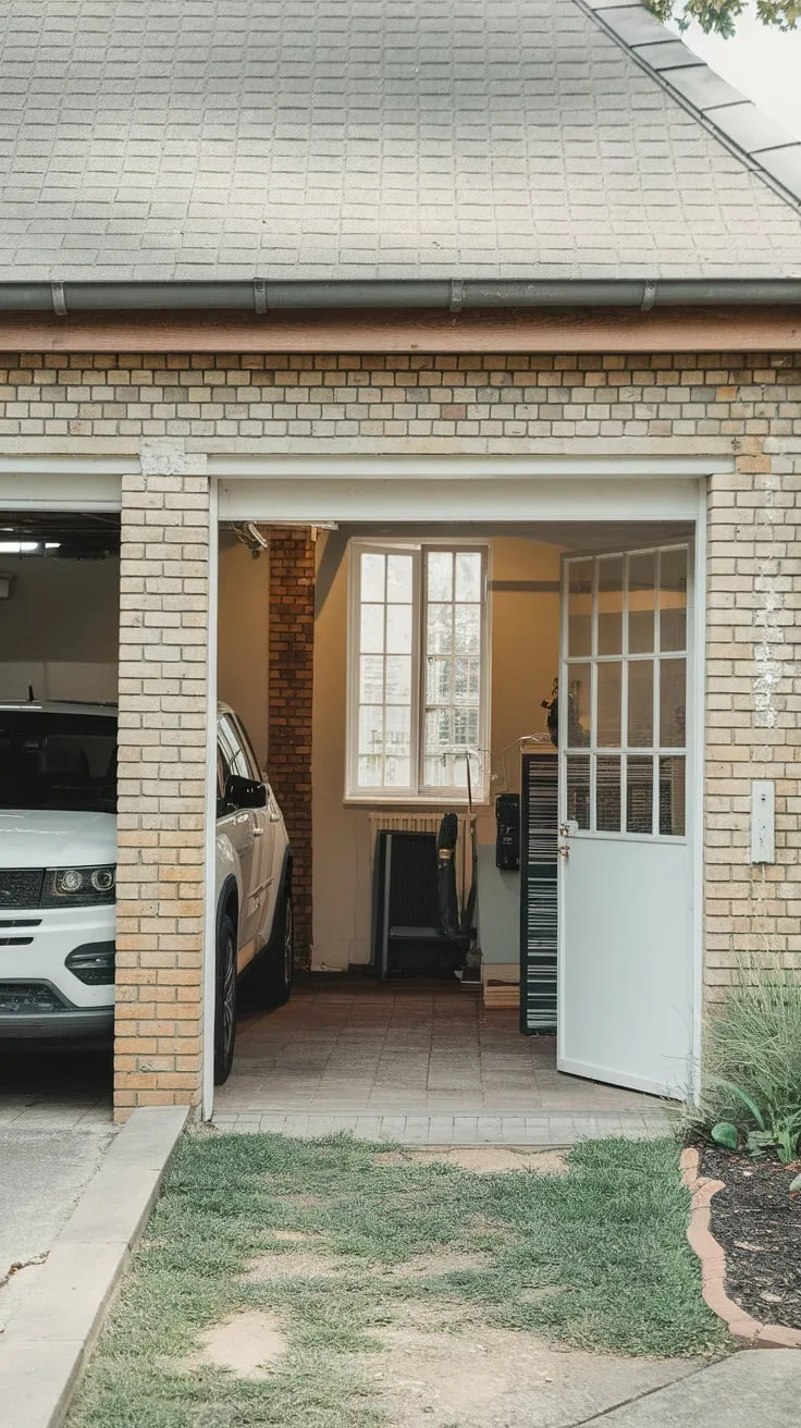 A brick single-story garage houses vehicles and comfortable living quarters with a garden view