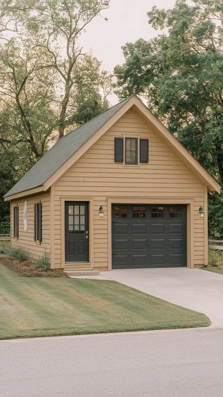 A standalone garage apartment, painted beige with black accents, offers convenient living space nestled amidst a tranquil, tree-lined setting.