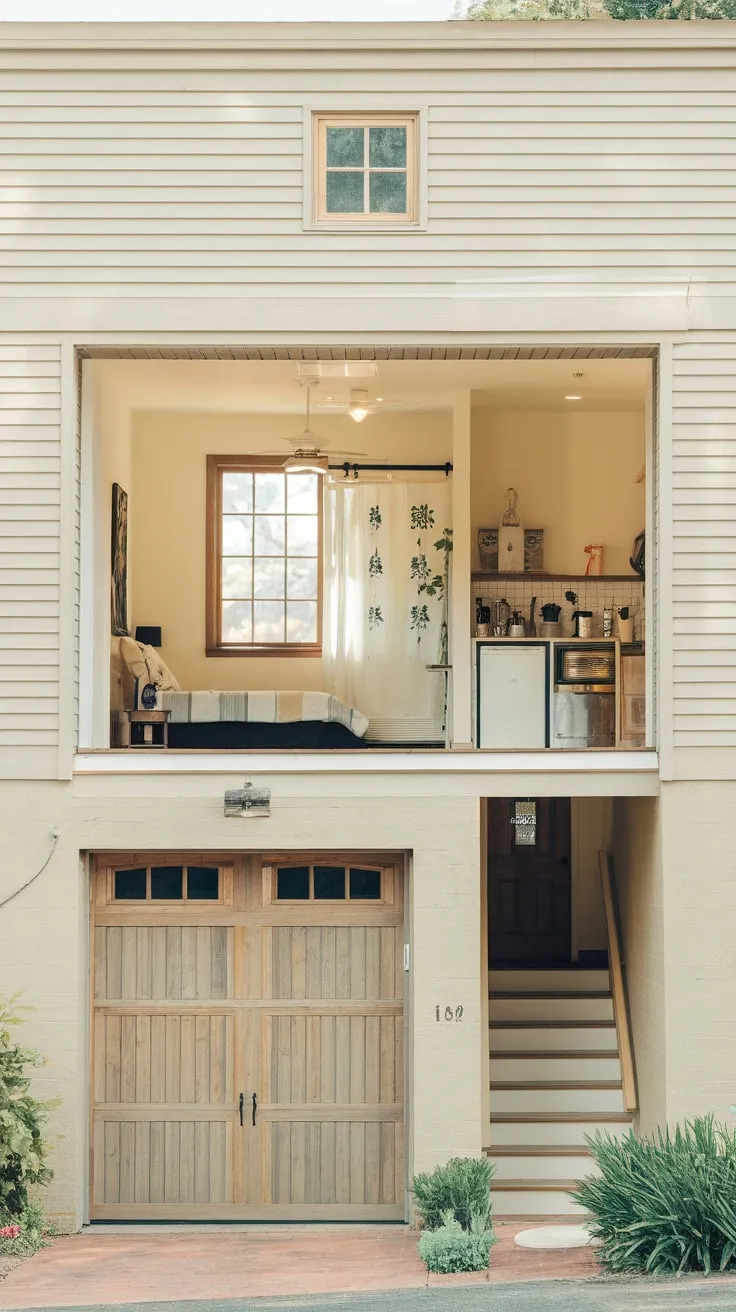 A cozy single-story structure offers convenient garage access alongside a self-contained living area featuring a bedroom, kitchen, and bathroom.