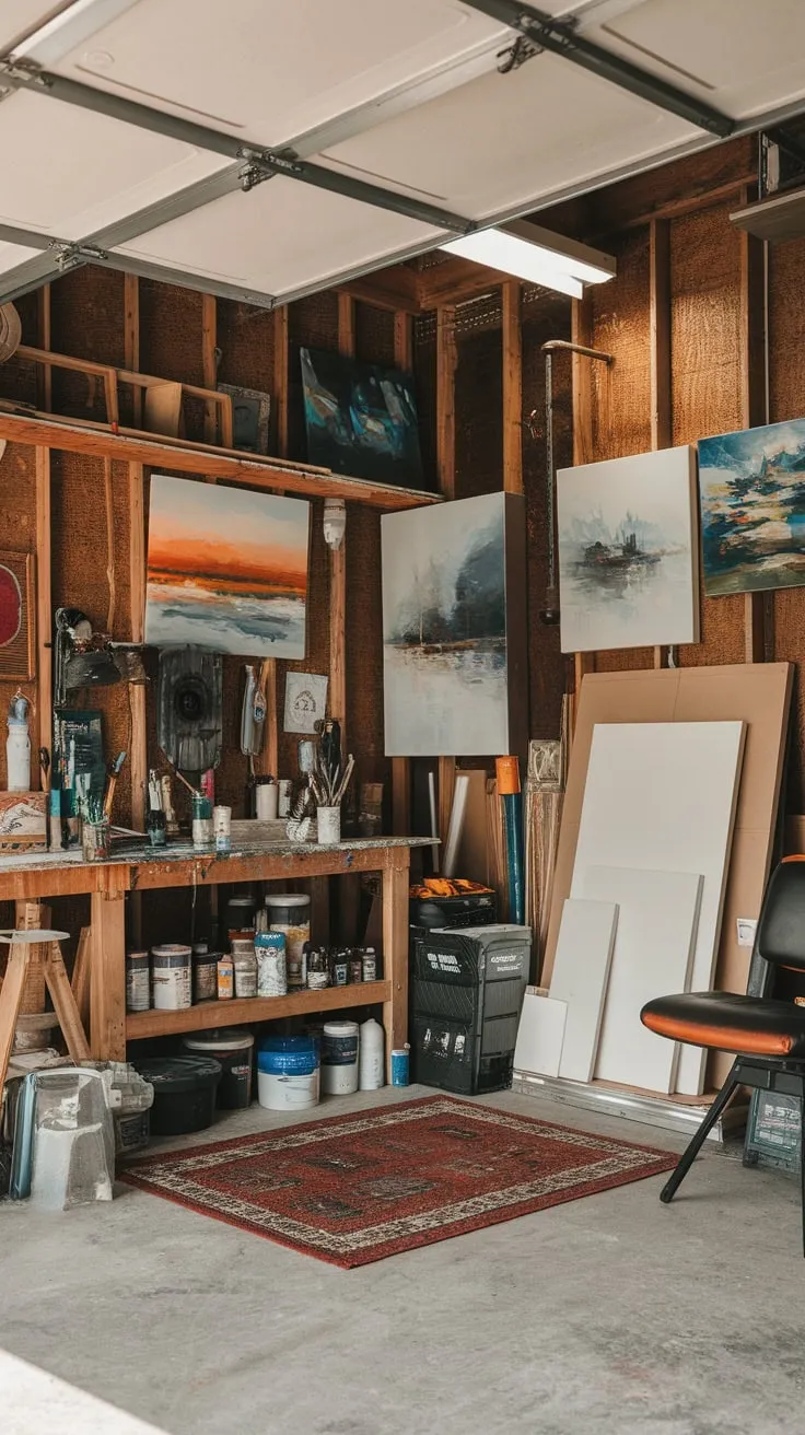 A rustic art studio, born from a converted garage workshop, bursts with vibrant canvases, tools, and inspiring artwork under bright lights