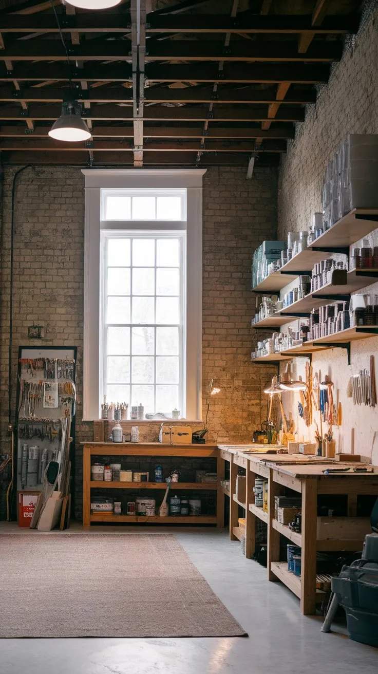 Bare brick walls and exposed beams highlight a functional yet stylish garage workshop repurposed as a creative haven with ample workspace and natural light.