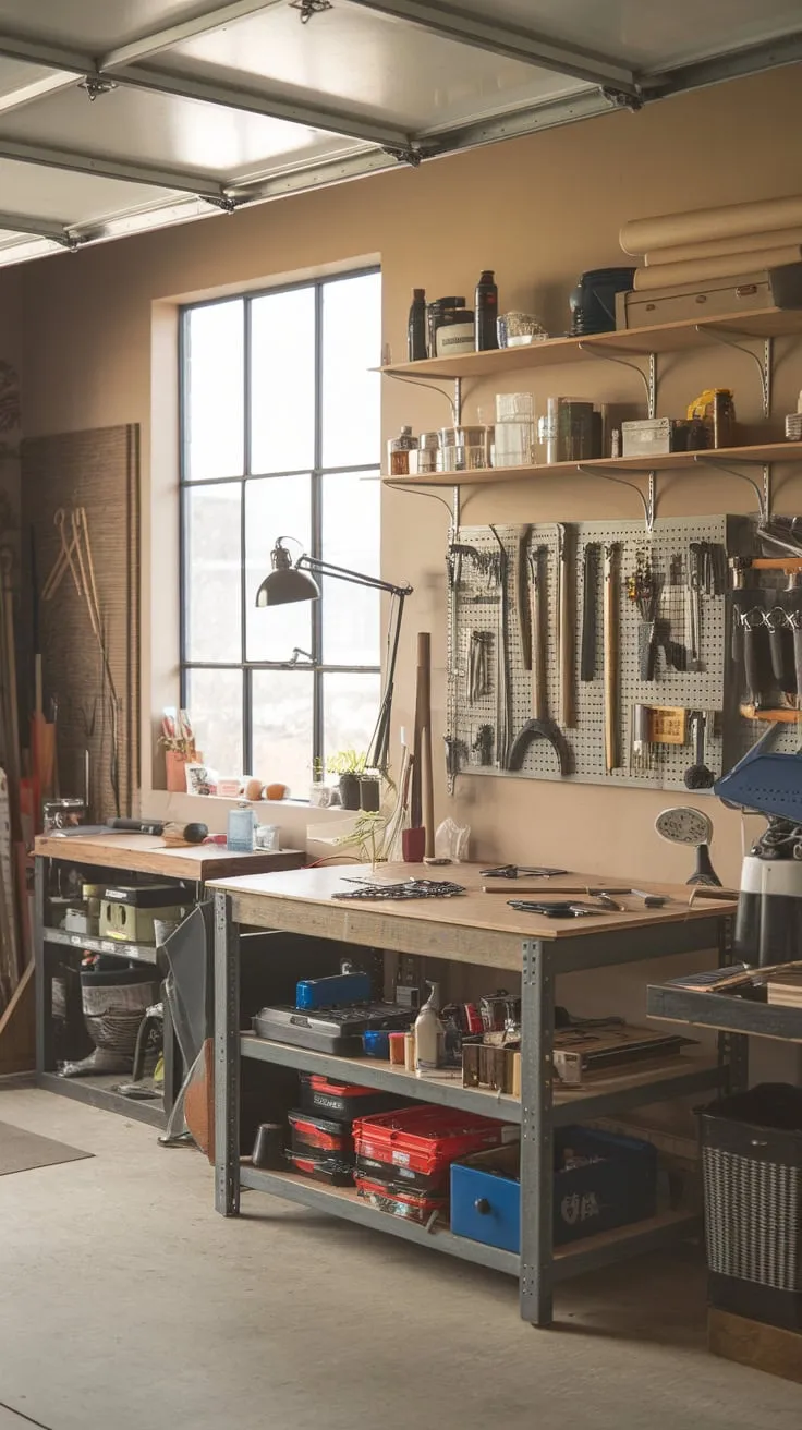 A rustic-industrial garage workshop seamlessly blends home office, art studio, and well-organized tool haven.