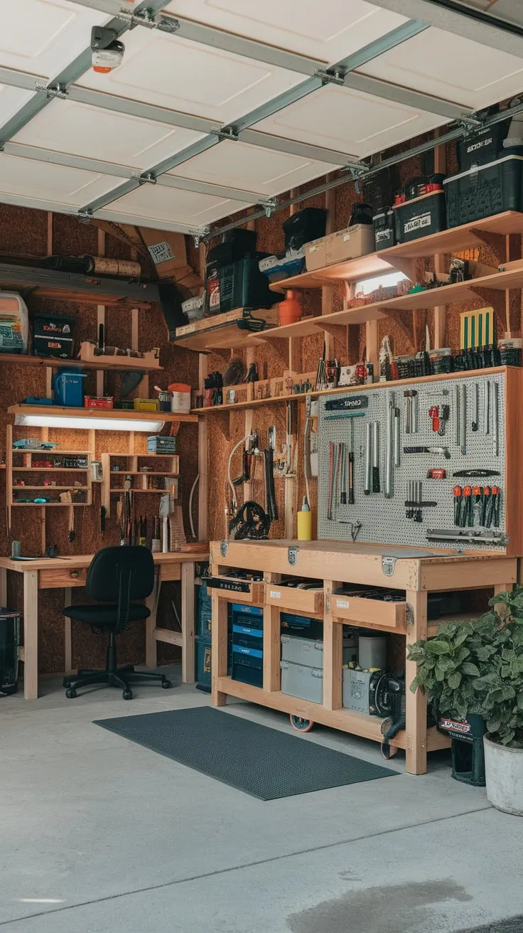 A bright, rustic garage workshop boasts well-organized wooden shelves, a central workbench, and a comfortable workspace.