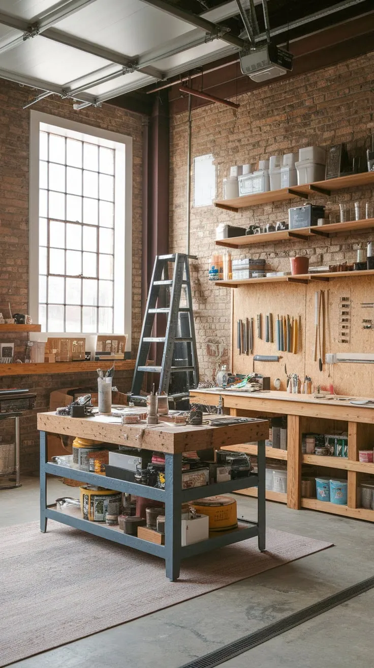 High ceilings and large windows illuminate a converted garage workshop now boasting a blend of home office practicality and artistic inspiration.