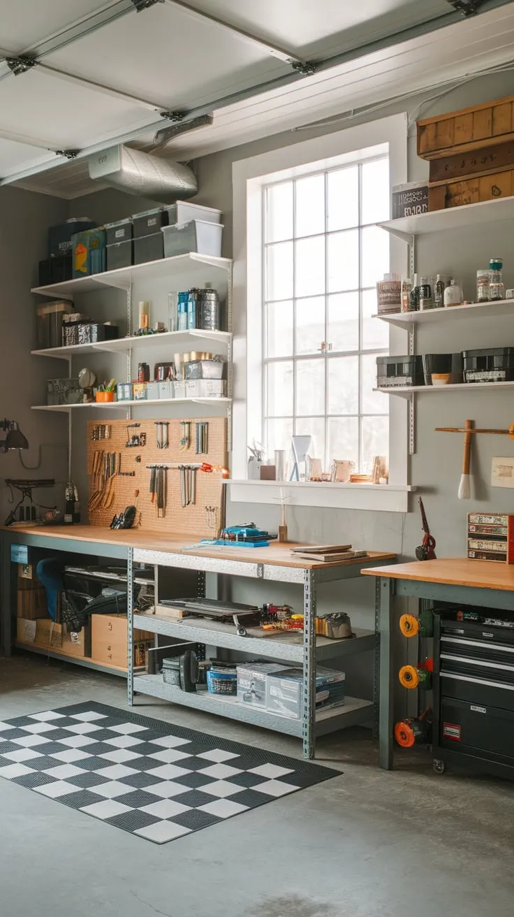 A rustic-industrial garage conversion boasts a light-grey home office and art studio, complete with a checkered floor and ample natural light.