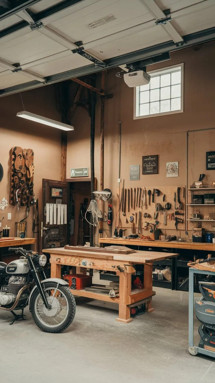 Rustic charm meets industrial grit in this high-ceilinged garage workshop, complete with woodworking station, vintage motorcycle, and abundant natural light.