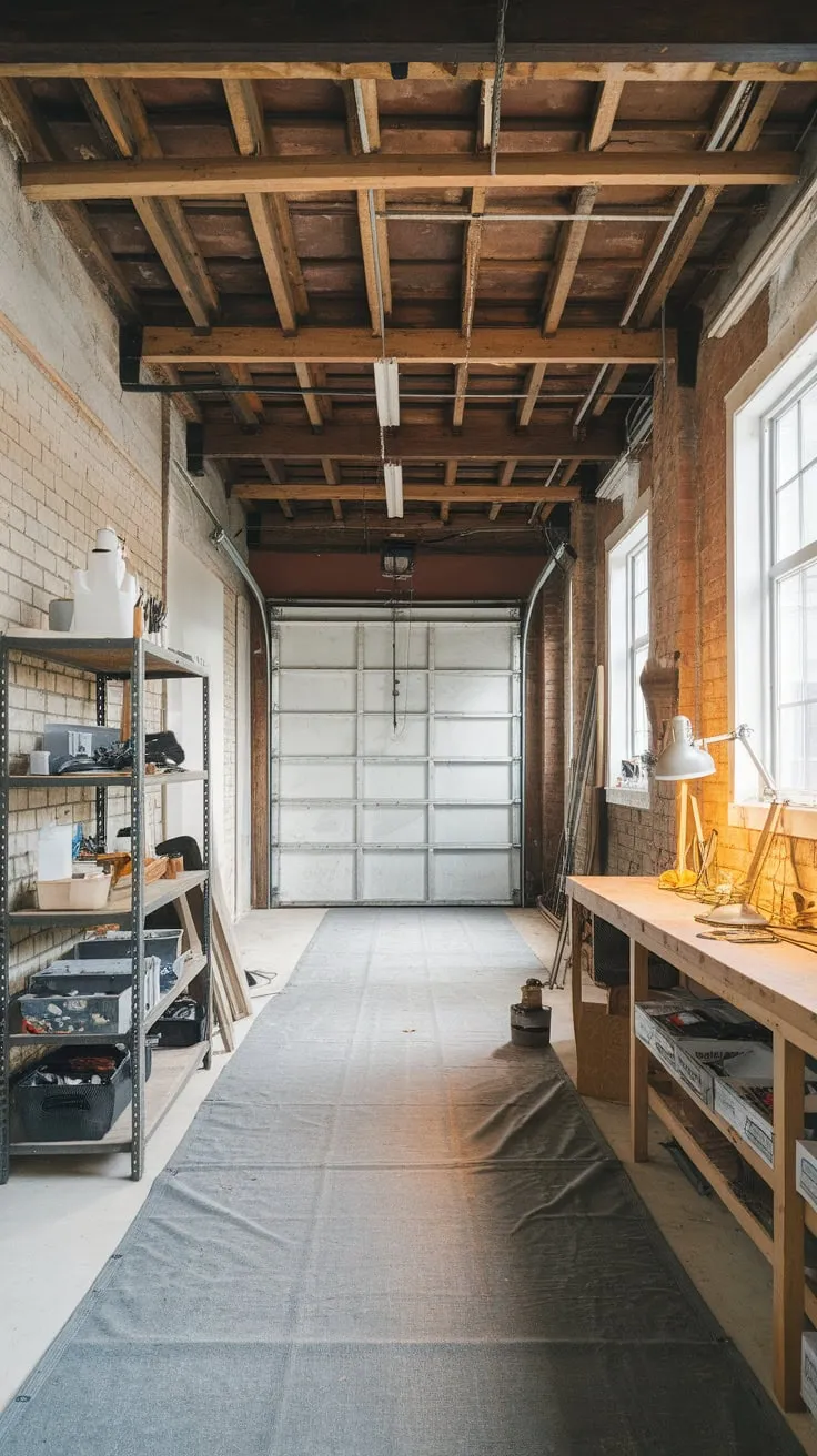 Rustic charm meets functional brilliance in this bright, spacious garage workshop conversion boasting exposed brick, wooden beams, and ample workspace.