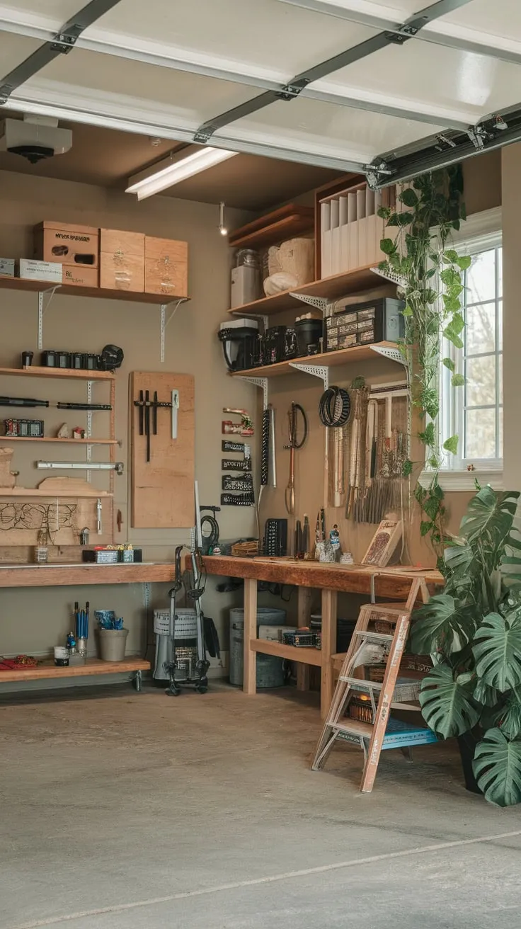 A rustic-industrial garage conversion serves as a functional home office and art studio, blending tools and creativity within its concrete-floored space.