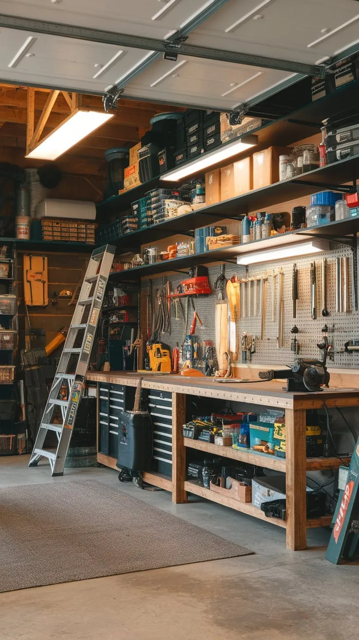A rustic-industrial garage workshop boasts bright lighting, a well-equipped workbench, and ample storage for tools and supplies, seamlessly blending home office functionality with DIY practicality