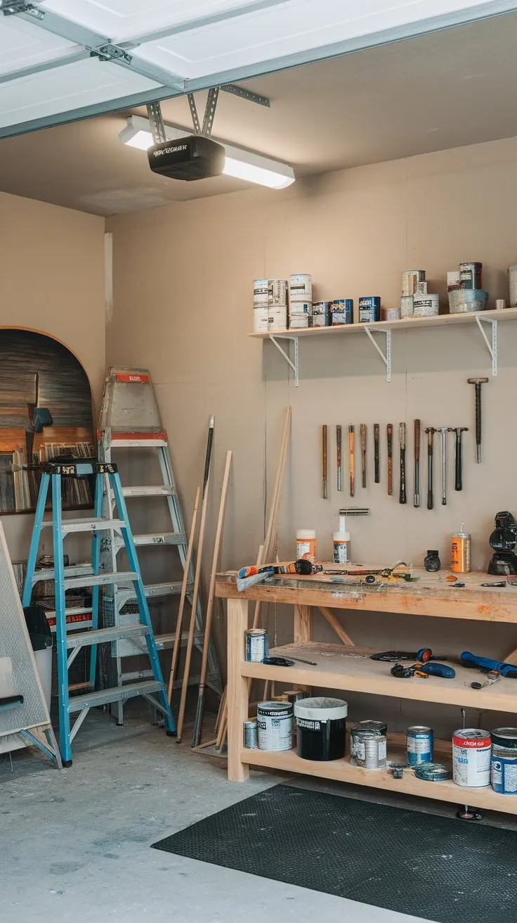 Beige walls and a rubber floor provide a practical backdrop for creative expression within the transformed garage space.