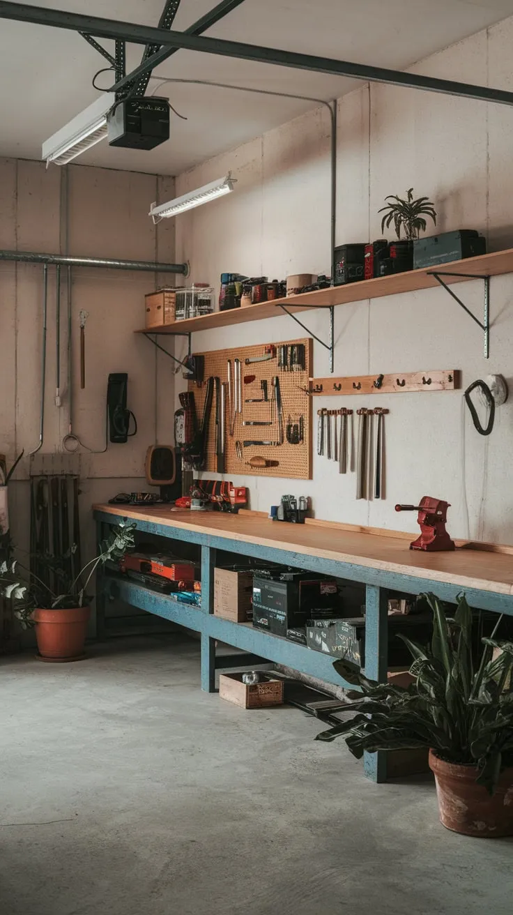 A rustic-industrial garage workshop boasts a well-equipped workbench, concrete floors, and pops of greenery.