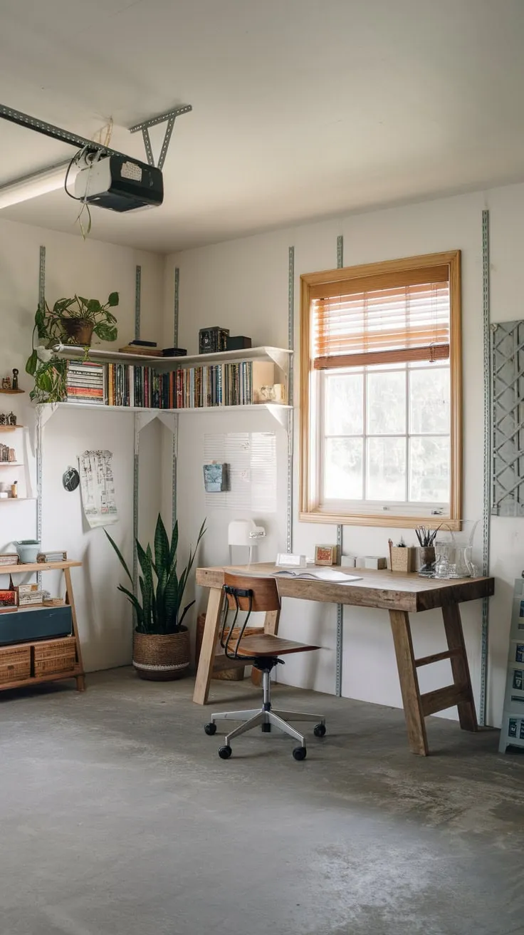 A sunlit concrete-floored home office boasts a rustic wooden desk and charming personal touches, repurposed from a former garage workshop.
