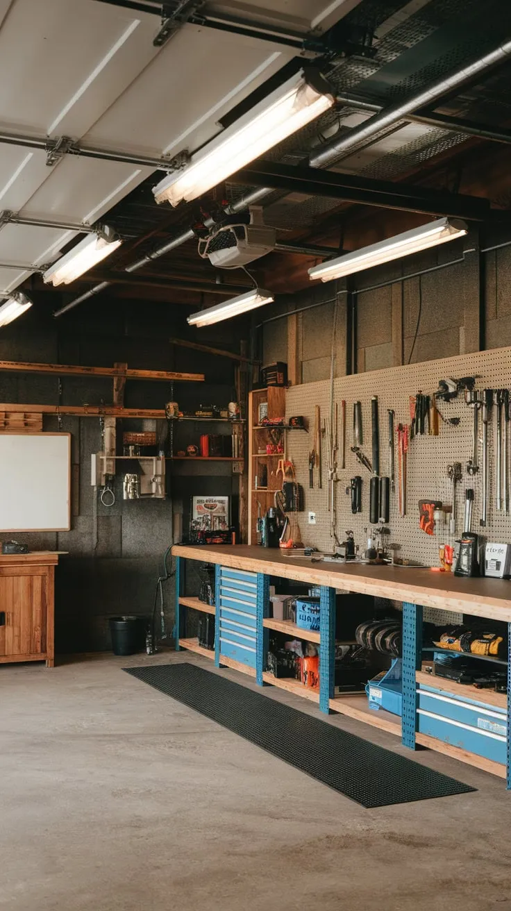 A well-equipped, rustic-industrial garage workshop offers ample workspace and organized tool storage under bright industrial lighting.