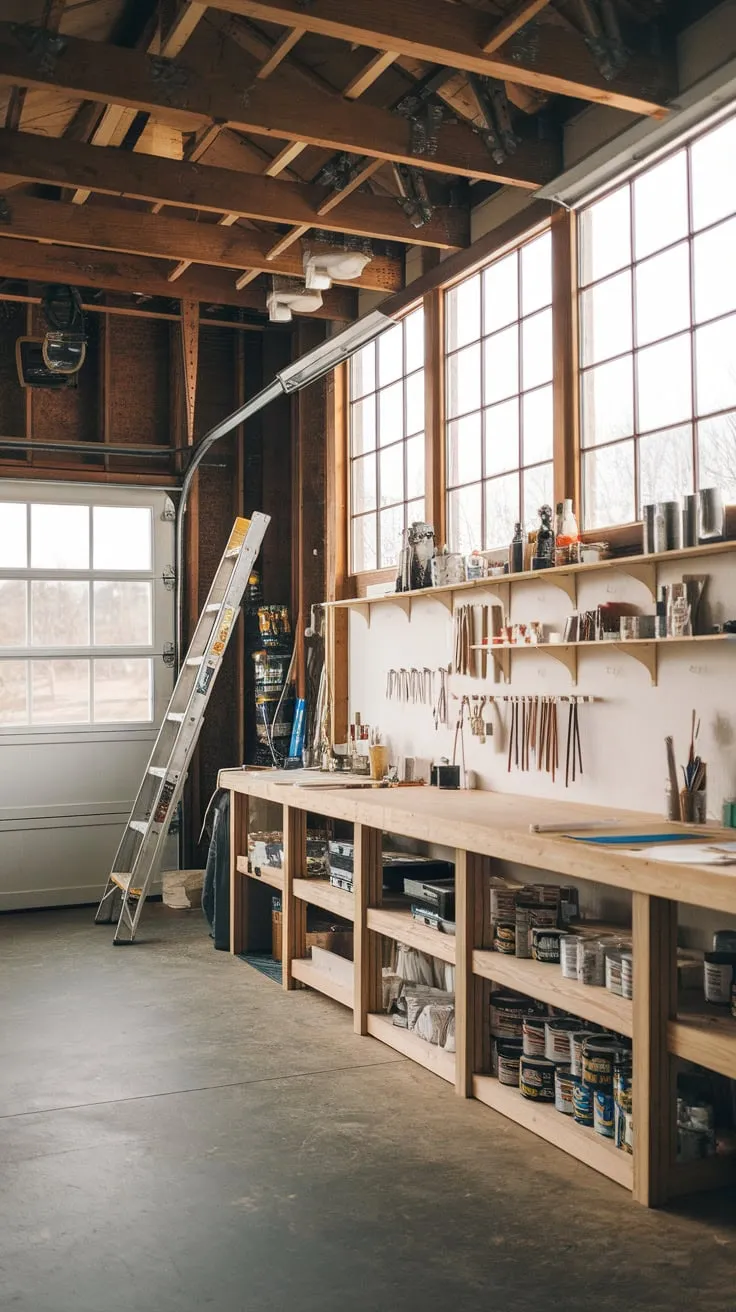 Transforming a garage workshop, this rustic haven features high ceilings, exposed beams, and abundant natural light, perfectly blending creative workspaces with functional storage.