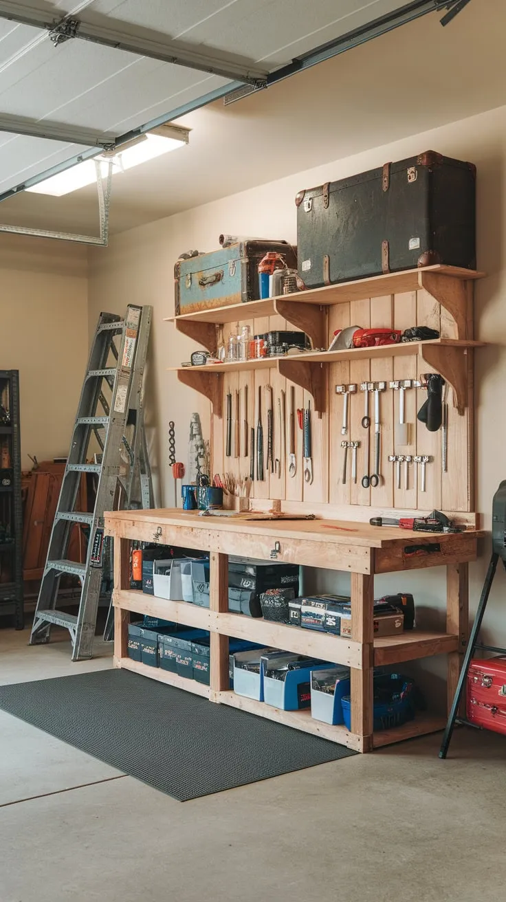 Transform your garage into a bright, organized workshop brimming with tools and rustic charm