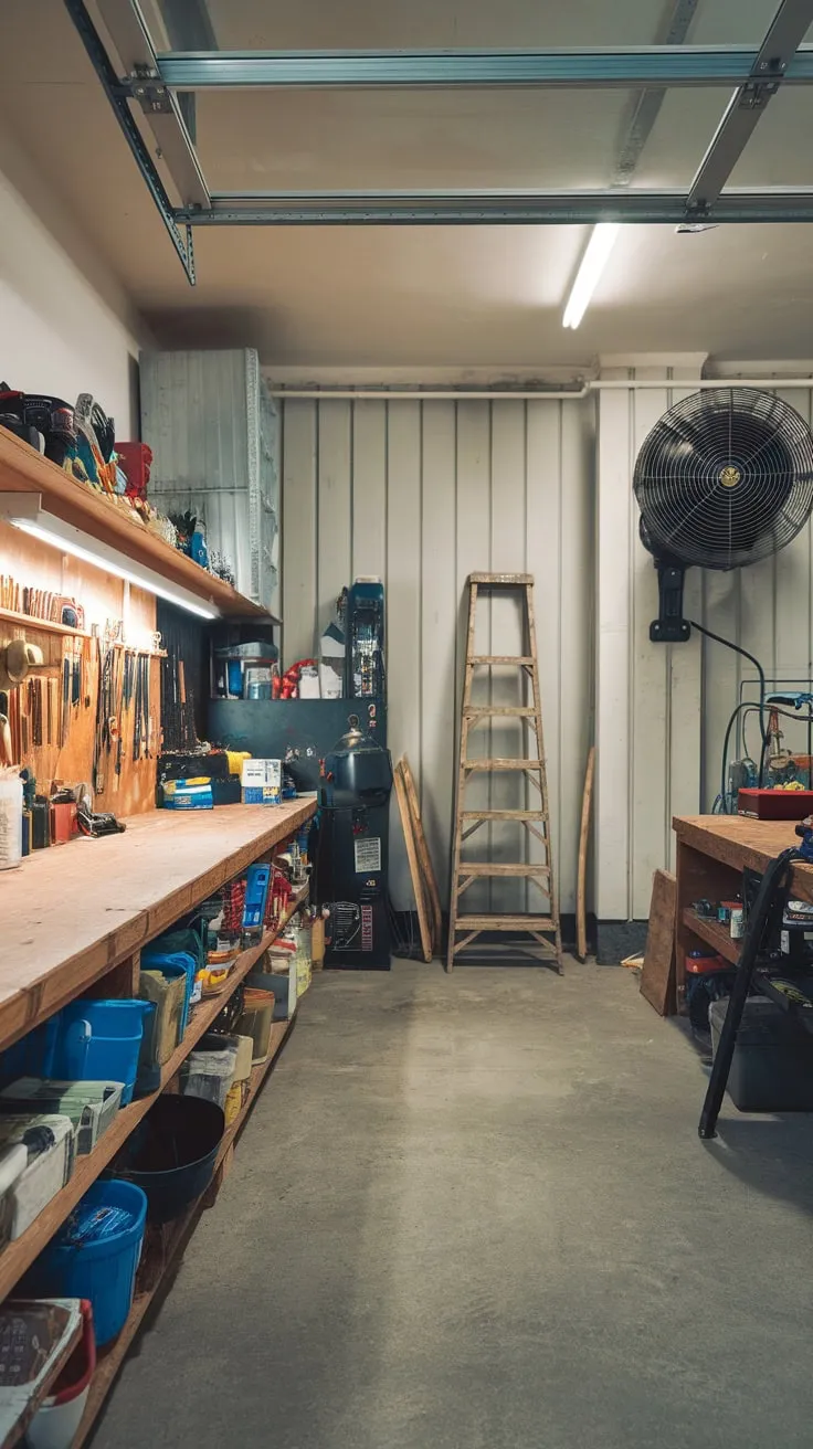 A bright, well-equipped garage workshop boasts a workbench, ample tool storage, and an industrial fan, promising productive DIY adventures
