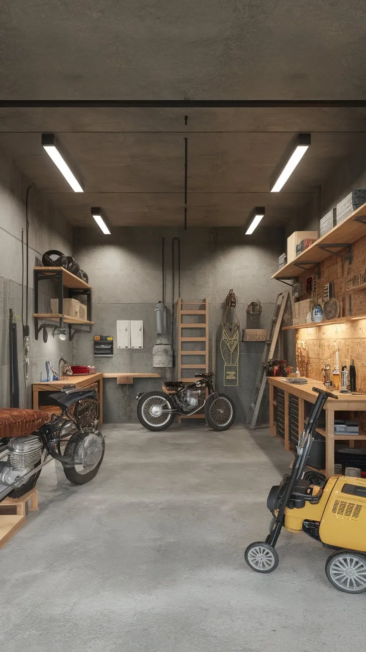 Bright lights illuminate a concrete garage workshop brimming with tools, a motorcycle, and bicycle, showcasing a blend of rustic charm and industrial grit.