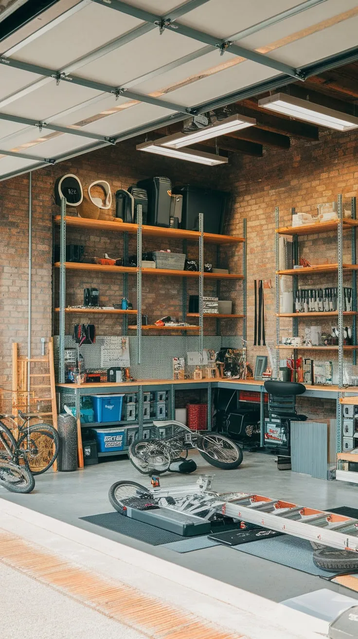 A sun-drenched garage workshop conversion creates a unique home office blending rustic charm with industrial aesthetics.