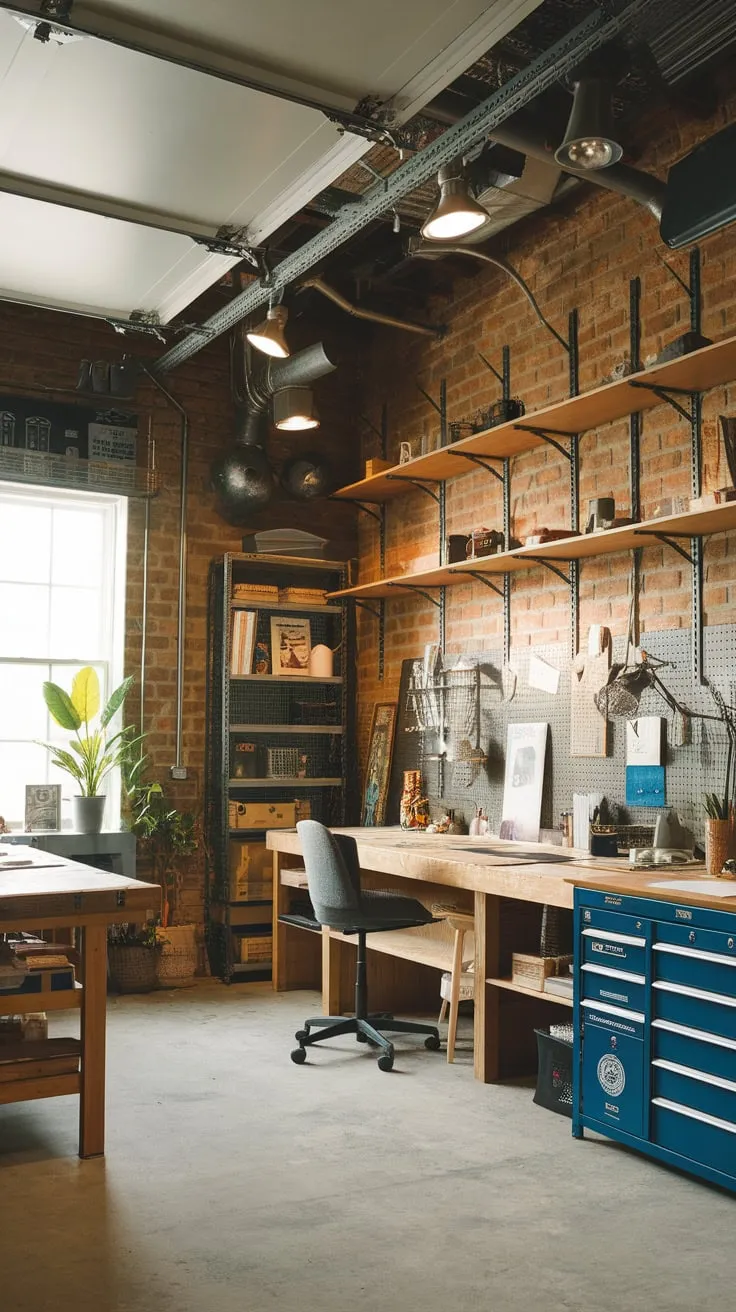 A rustic-industrial garage workshop transformed into a bright, functional art studio and home office.