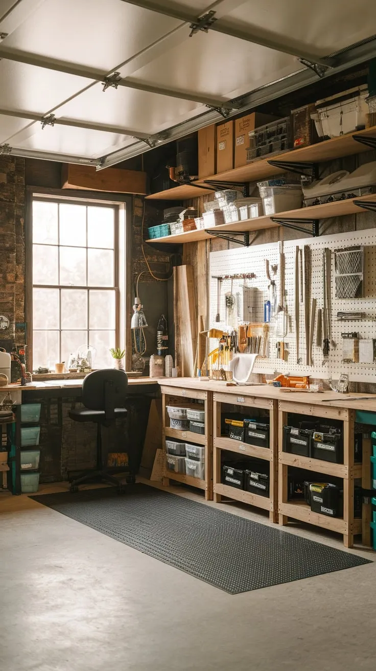 A repurposed garage transforms into a sunlit haven for creativity and craftsmanship, featuring a blend of rustic and industrial design elements.