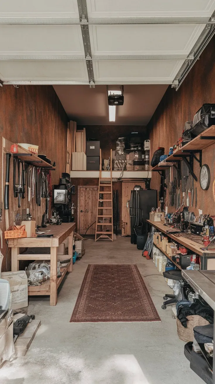 A high-ceilinged garage workshop boasts a rustic-industrial aesthetic, complete with tools, equipment, a workbench, and a loft accessed by a ladder