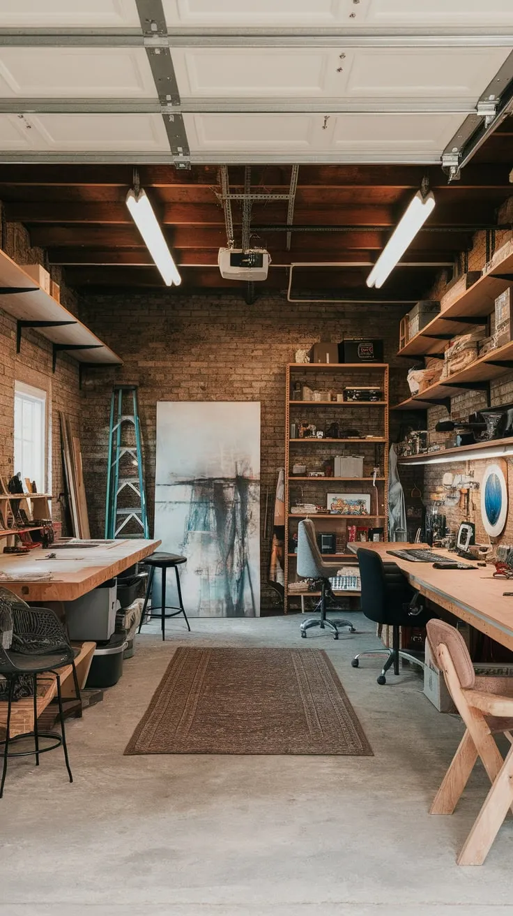 A rustic garage workshop transformed into a functional yet charming home office and art studio, blending creative energy with organized practicality