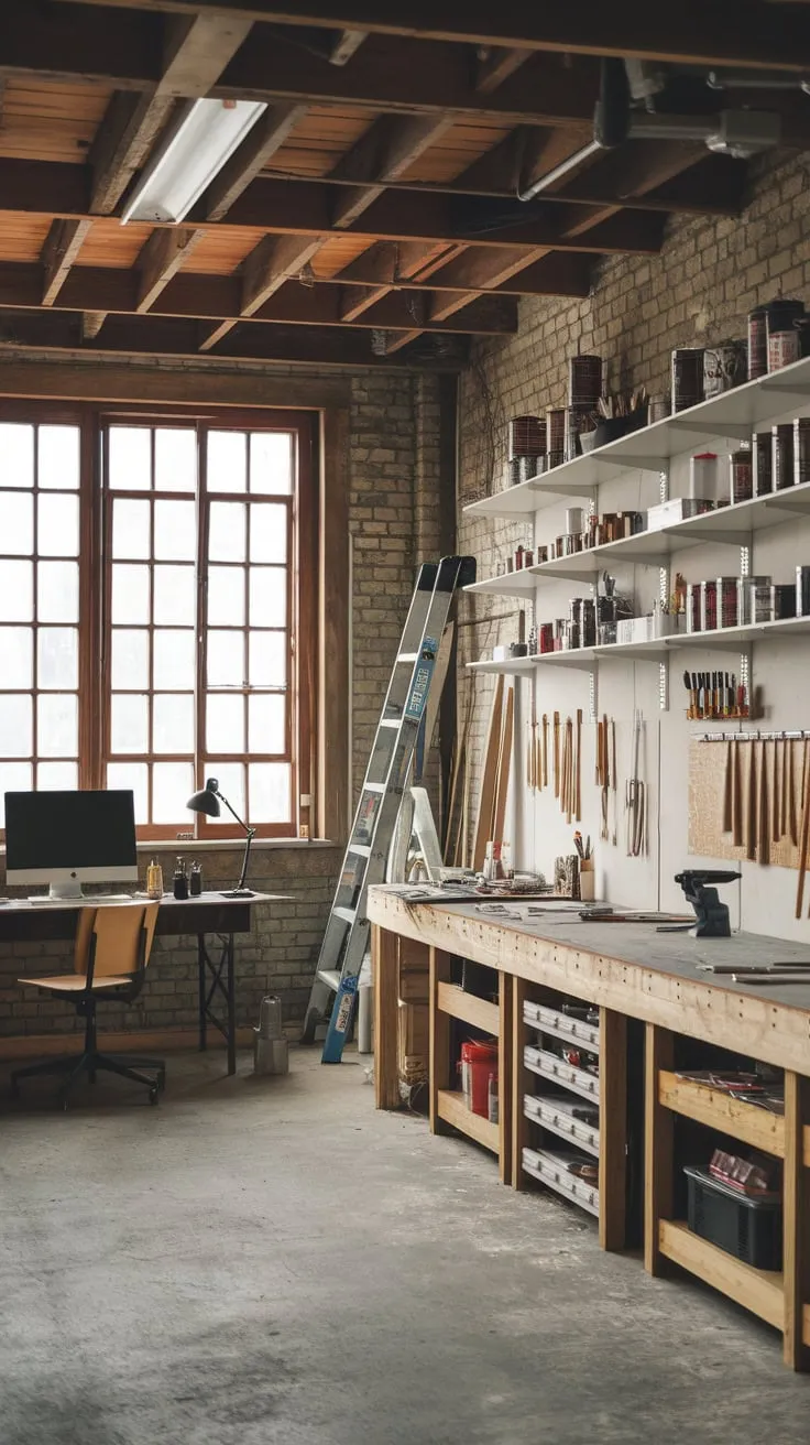 Exposed brick, wood beams, and a concrete floor create a charming backdrop for artistic creation in this converted garage workshop.