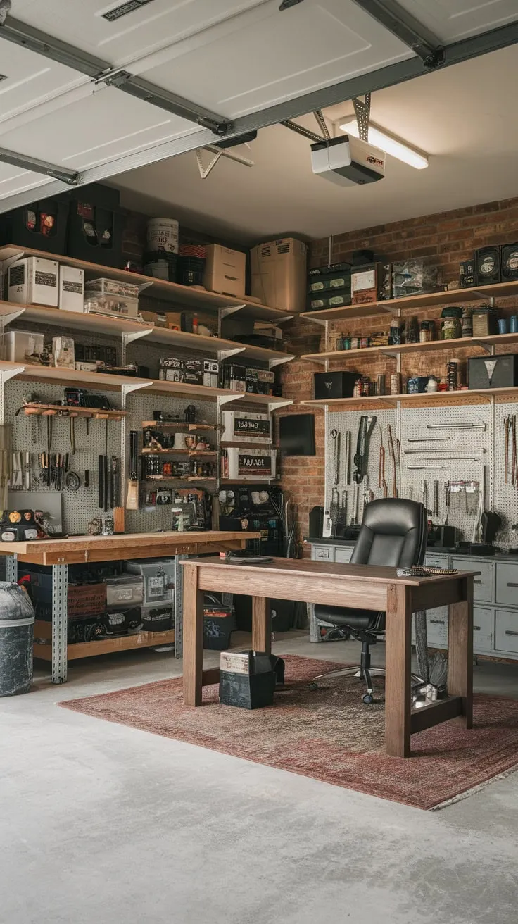 Exposed brick and high ceilings enhance the converted garage's blend of tools and home office functionality.