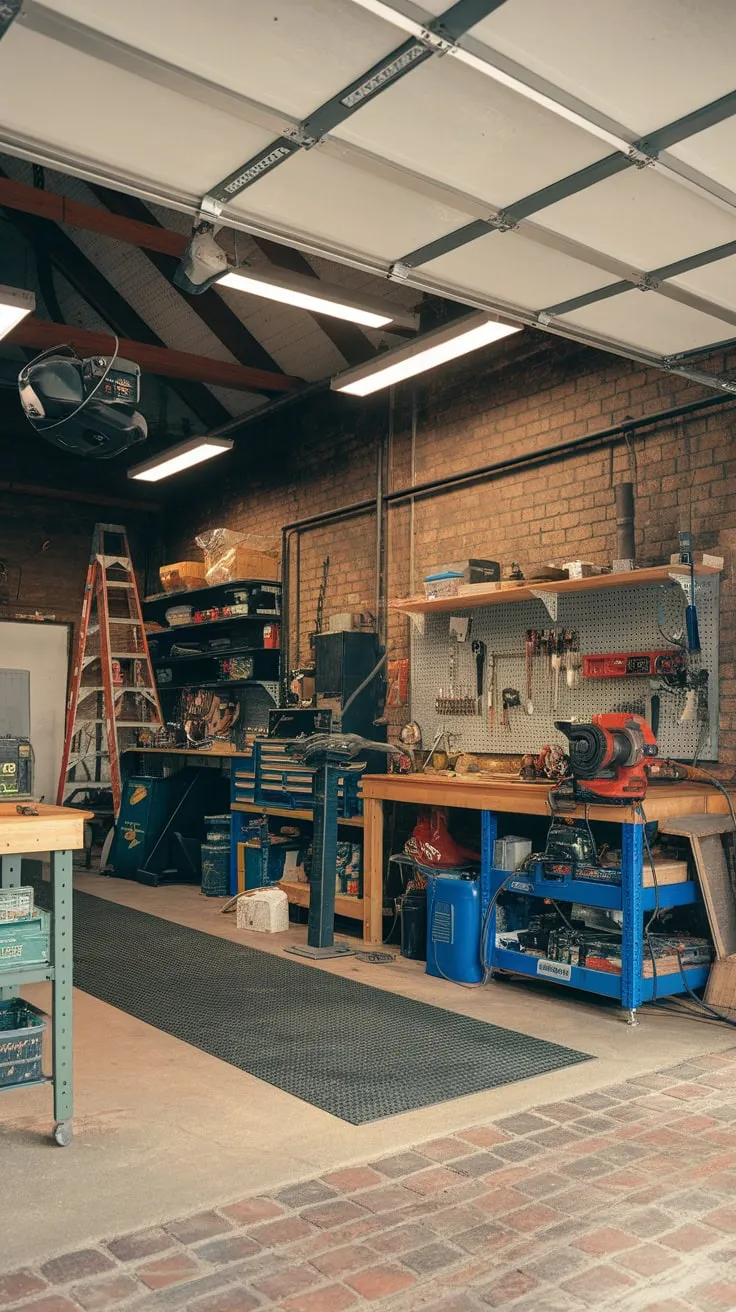 A high-ceilinged brick garage workshop boasts a rustic-industrial aesthetic, brimming with tools and equipment under bright lights