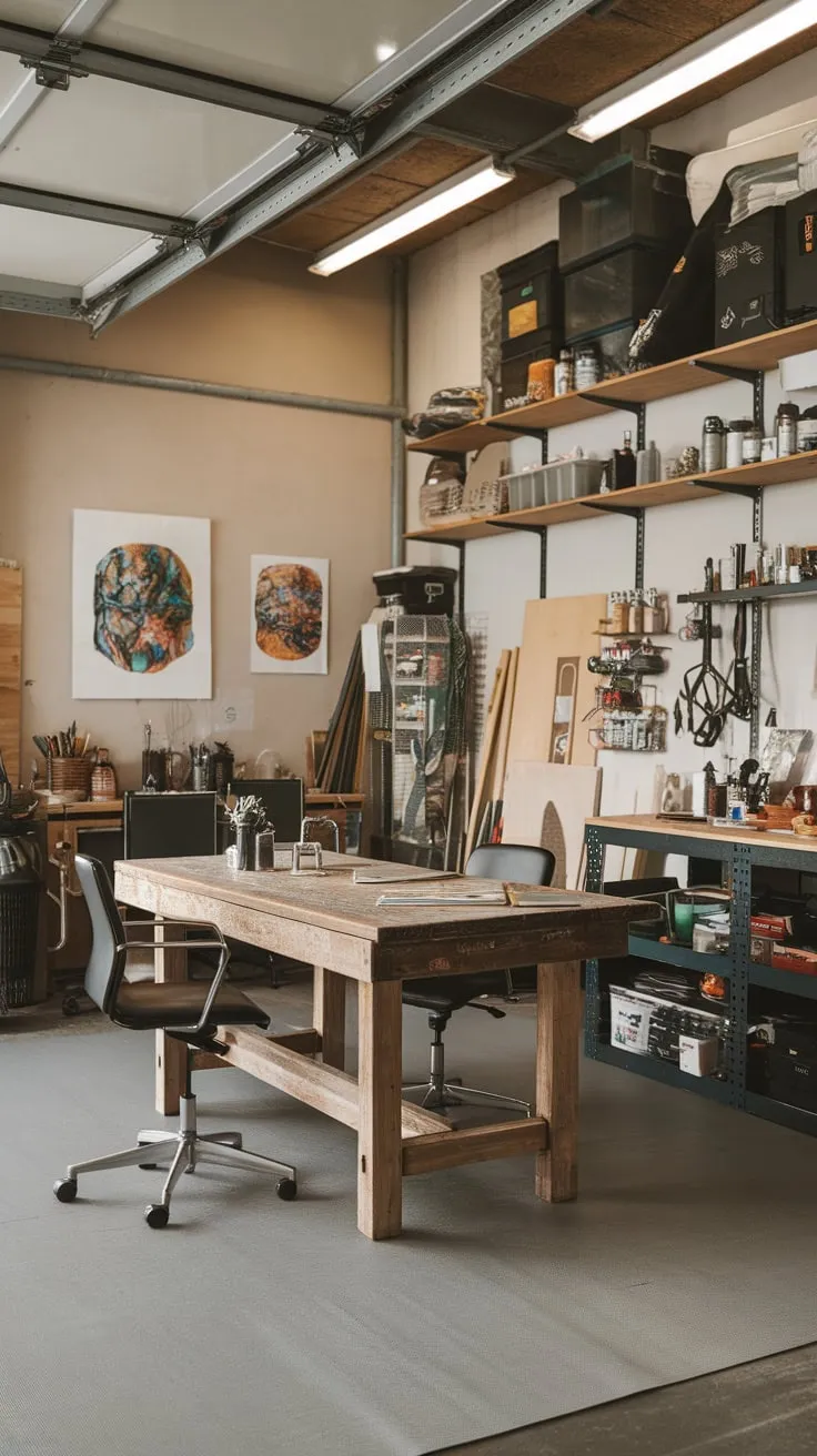 A converted garage now thrives as a rustic industrial workshop art studio and home office, blending creativity and practicality.