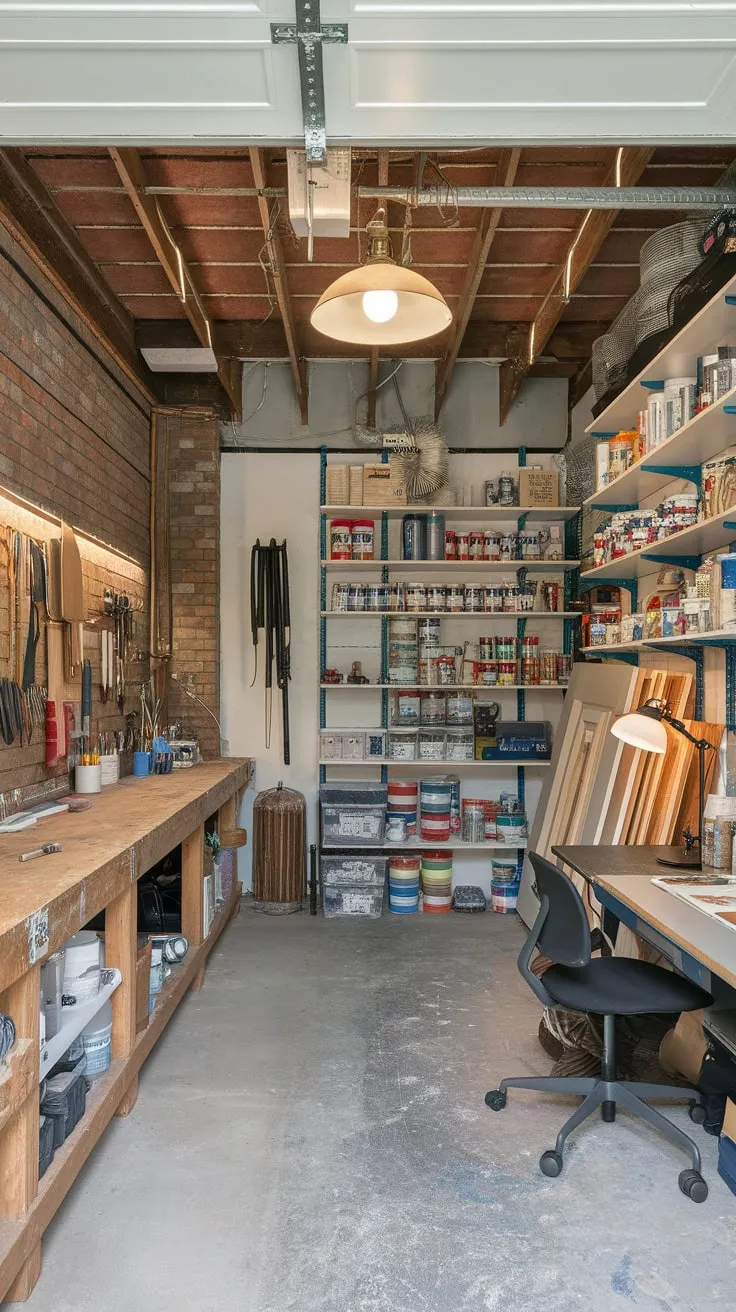 A rustic garage workshop transforms into a functional and charming art studio, blending vintage charm with creative organization.