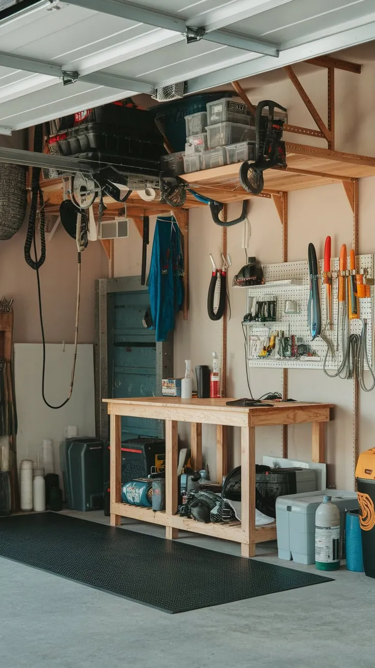 A well-organized garage boasts ceiling-hung tools and equipment plus a workbench atop a rubber-matted floor