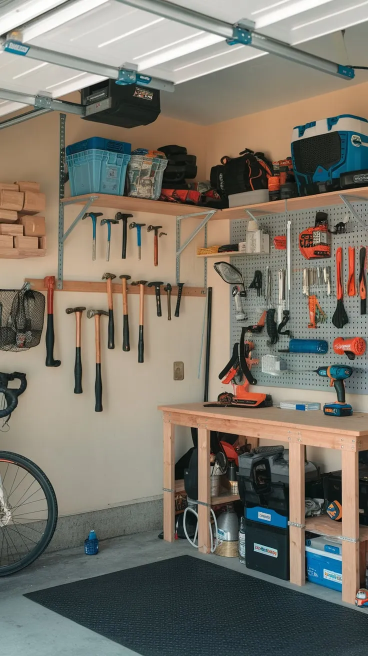 A well-organized garage boasts wall-mounted tools, a workbench, and rubber flooring for efficient workspace