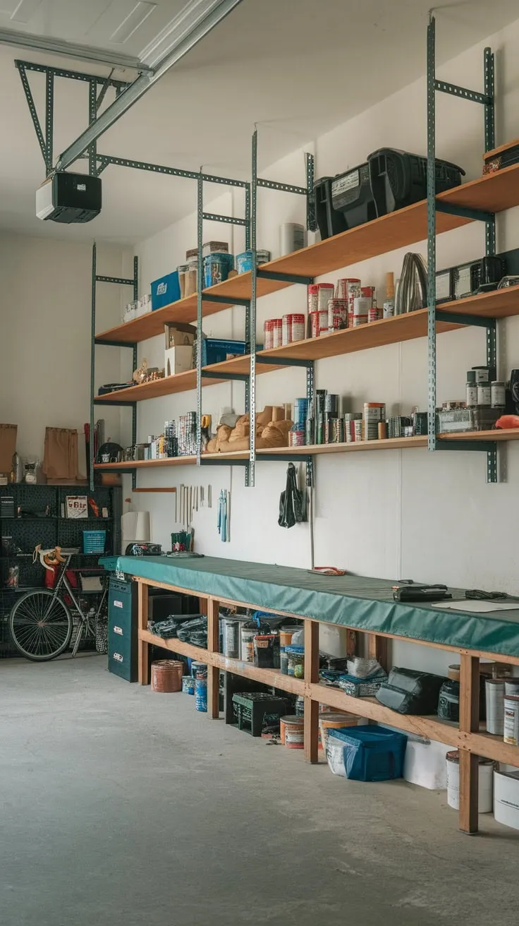 A well-organized garage boasts a ceiling-hung shelving unit overflowing with tools, paint, and a bike, complemented by a workbench and concrete floor.