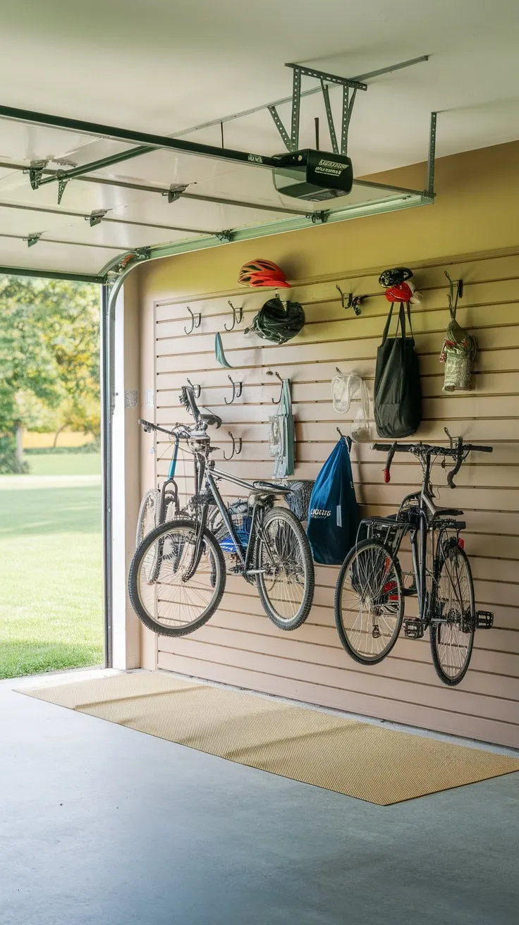 Organized hanging storage maximizes space in a garage showcasing bikes, tools, and more against a beige backdrop, overlooking a green lawn.