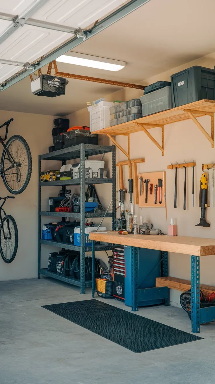 This well-lit garage efficiently utilizes wall space and shelving for tools and equipment, creating a productive and organized workspace.