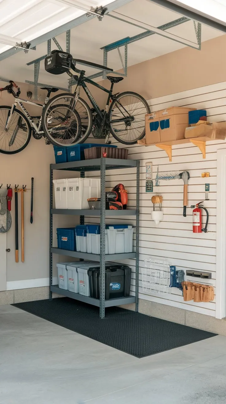 A well-organized garage boasts versatile storage, from hanging bikes to neatly shelved tools, creating a functional and attractive space.