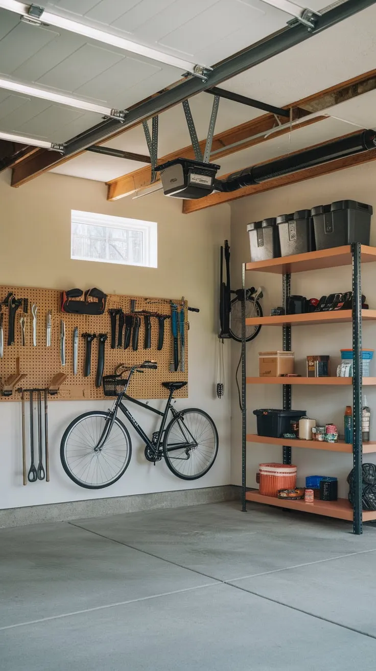 A well-organized garage boasts DIY hanging storage, showcasing tools, bikes, and shelving against a backdrop of concrete and exposed beams.