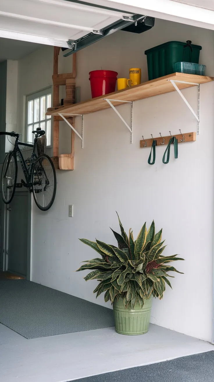 A charming garage boasts a vibrant array of colorful items and a neatly organized workspace, highlighted by a hanging bike and potted plant.