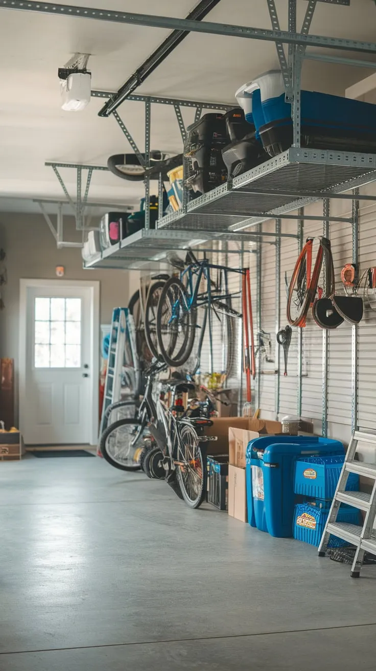 Organized hanging storage transforms a concrete-floored garage into a functional and efficient space for tools, bikes, and outdoor gear.