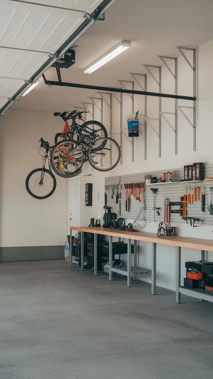 A bright, organized garage boasts wall-mounted bike and tool storage plus a well-equipped workbench.
