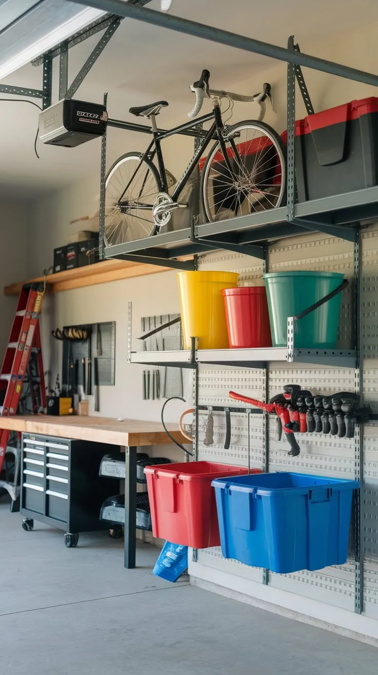 A well-organized garage boasts hanging shelves storing bikes and colorful buckets, plus tool hooks and a workbench for efficient DIY projects