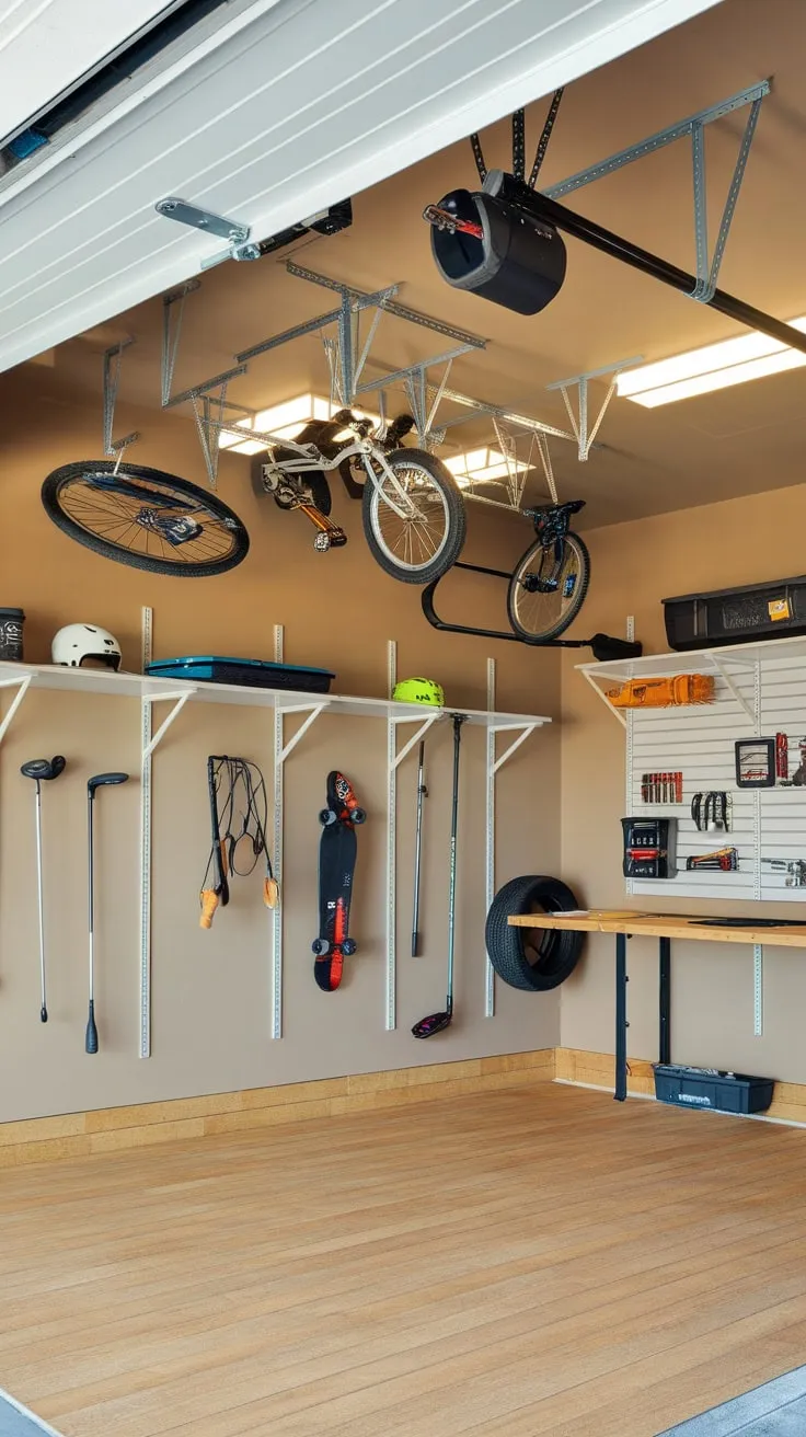 A brightly lit beige garage maximizes space with ceiling-hung bikes, boards, and tools alongside a workbench and wall shelving.
