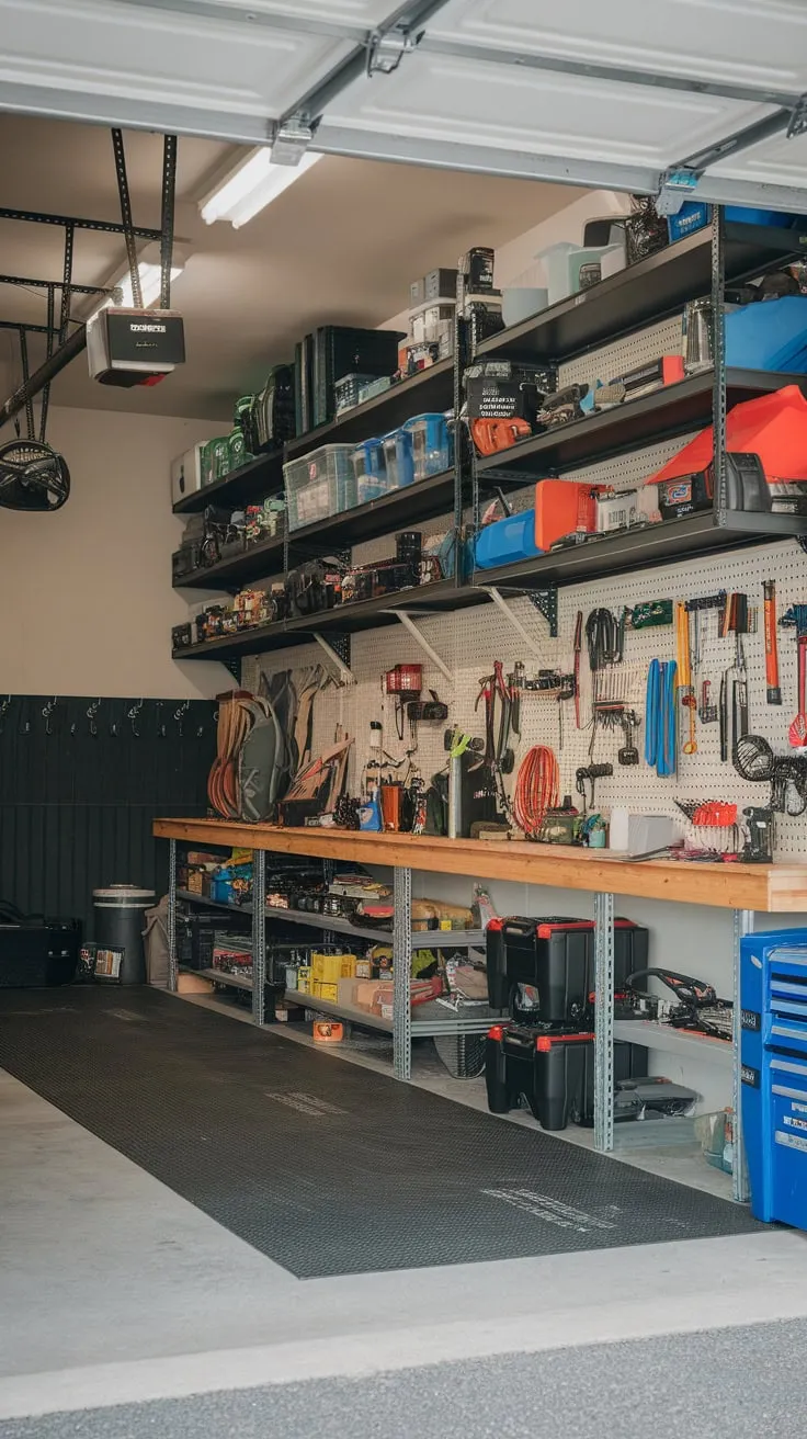 A well-organized garage boasts ample storage, bright lighting, and a functional workbench, maximizing space and efficiency