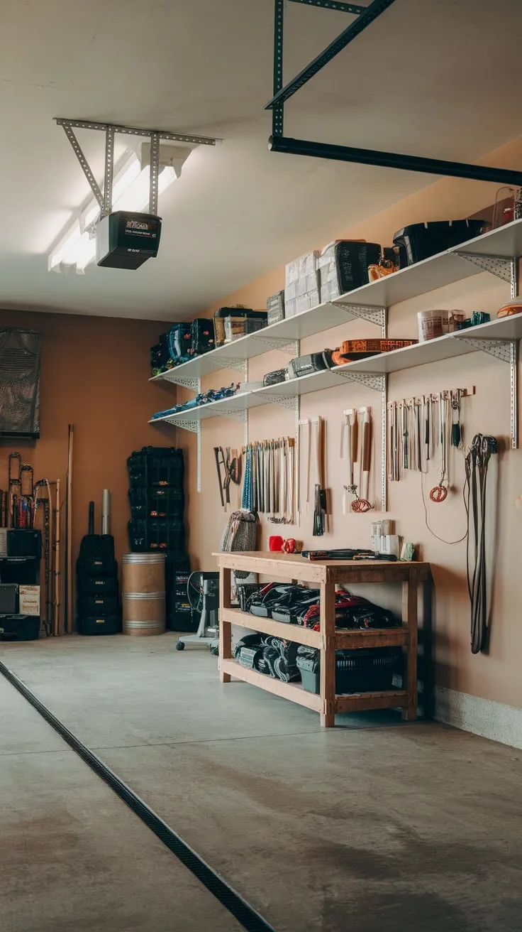 A bright, rustic garage boasts ample wall-mounted storage and a workbench, showcasing a practical yet charming workspace